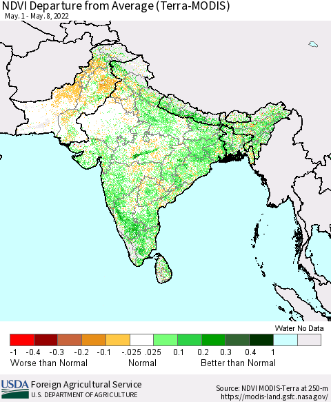 Southern Asia NDVI Departure from Average (Terra-MODIS) Thematic Map For 5/1/2022 - 5/10/2022