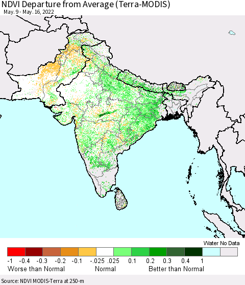Southern Asia NDVI Departure from Average (Terra-MODIS) Thematic Map For 5/9/2022 - 5/16/2022
