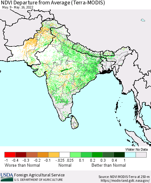 Southern Asia NDVI Departure from Average (Terra-MODIS) Thematic Map For 5/11/2022 - 5/20/2022