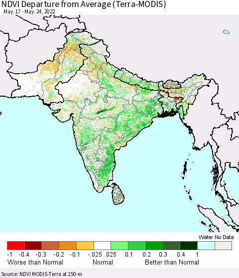 Southern Asia NDVI Departure from Average (Terra-MODIS) Thematic Map For 5/17/2022 - 5/24/2022