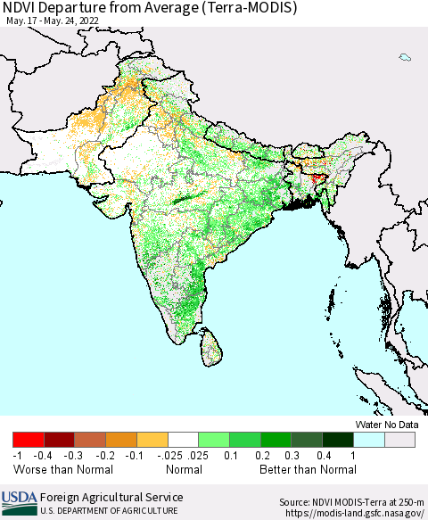 Southern Asia NDVI Departure from Average (Terra-MODIS) Thematic Map For 5/21/2022 - 5/31/2022