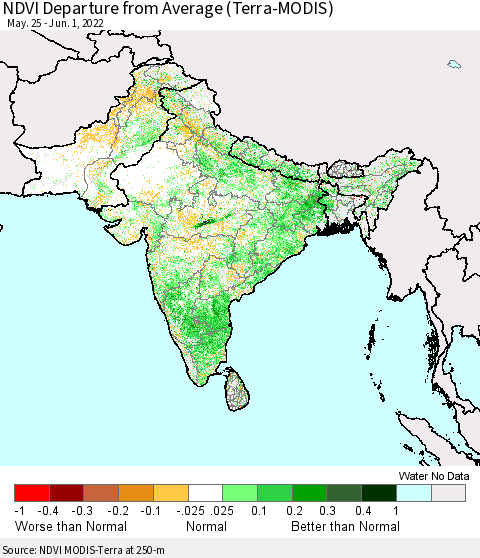 Southern Asia NDVI Departure from Average (Terra-MODIS) Thematic Map For 5/25/2022 - 6/1/2022