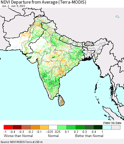 Southern Asia NDVI Departure from Average (Terra-MODIS) Thematic Map For 6/2/2022 - 6/9/2022