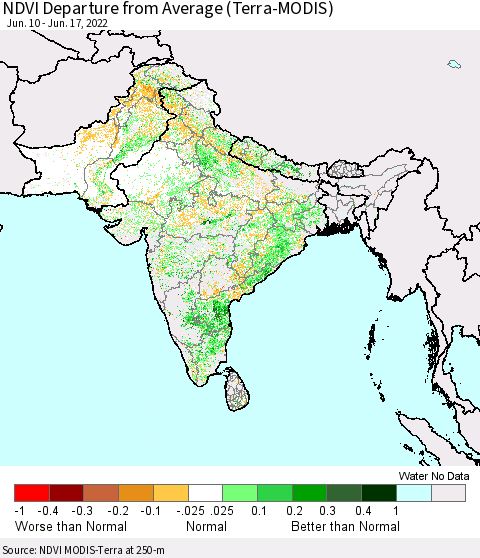 Southern Asia NDVI Departure from Average (Terra-MODIS) Thematic Map For 6/10/2022 - 6/17/2022