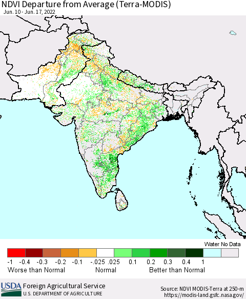 Southern Asia NDVI Departure from Average (Terra-MODIS) Thematic Map For 6/11/2022 - 6/20/2022