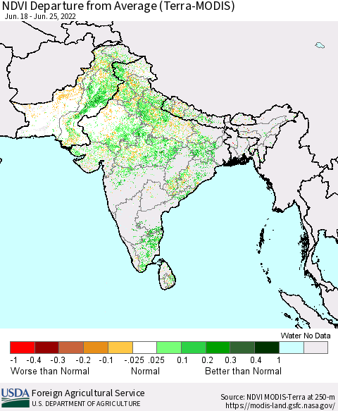 Southern Asia NDVI Departure from Average (Terra-MODIS) Thematic Map For 6/21/2022 - 6/30/2022