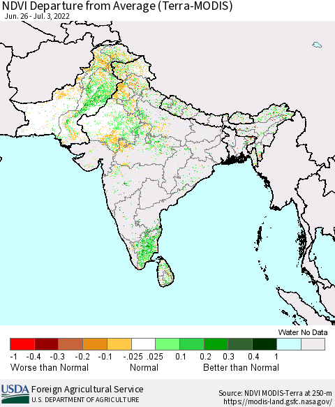 Southern Asia NDVI Departure from Average (Terra-MODIS) Thematic Map For 7/1/2022 - 7/10/2022