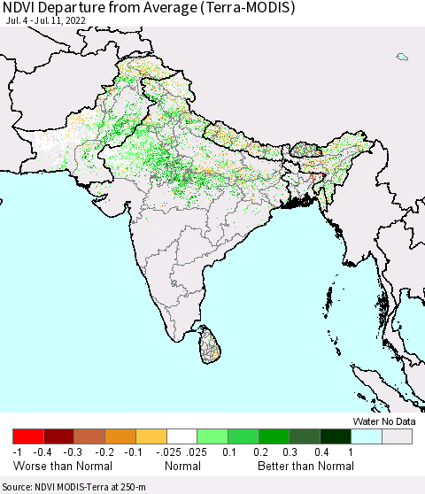 Southern Asia NDVI Departure from Average (Terra-MODIS) Thematic Map For 7/4/2022 - 7/11/2022