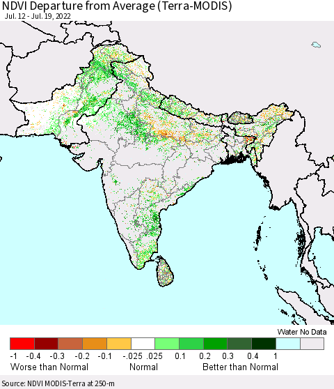 Southern Asia NDVI Departure from Average (Terra-MODIS) Thematic Map For 7/12/2022 - 7/19/2022