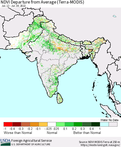 Southern Asia NDVI Departure from Average (Terra-MODIS) Thematic Map For 7/11/2022 - 7/20/2022