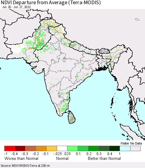 Southern Asia NDVI Departure from Average (Terra-MODIS) Thematic Map For 7/20/2022 - 7/27/2022