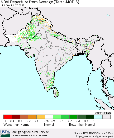 Southern Asia NDVI Departure from Average (Terra-MODIS) Thematic Map For 7/21/2022 - 7/31/2022