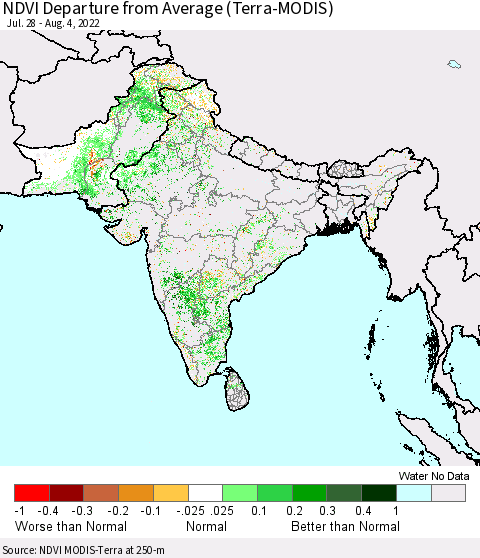 Southern Asia NDVI Departure from Average (Terra-MODIS) Thematic Map For 7/28/2022 - 8/4/2022