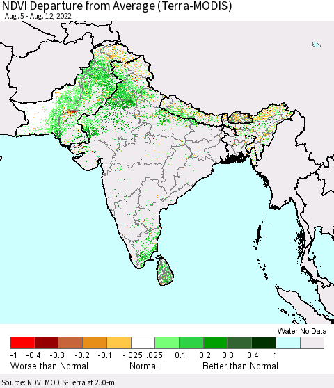Southern Asia NDVI Departure from Average (Terra-MODIS) Thematic Map For 8/5/2022 - 8/12/2022