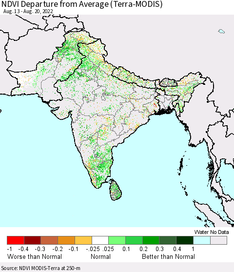 Southern Asia NDVI Departure from Average (Terra-MODIS) Thematic Map For 8/11/2022 - 8/20/2022