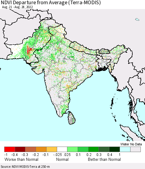 Southern Asia NDVI Departure from Average (Terra-MODIS) Thematic Map For 8/21/2022 - 8/28/2022