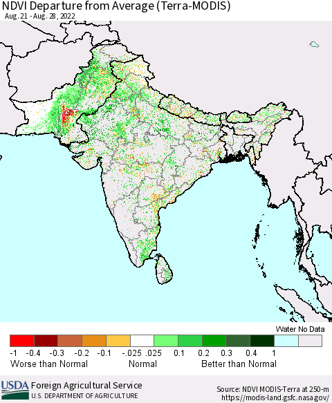 Southern Asia NDVI Departure from Average (Terra-MODIS) Thematic Map For 8/21/2022 - 8/31/2022