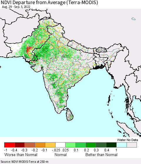 Southern Asia NDVI Departure from Average (Terra-MODIS) Thematic Map For 8/29/2022 - 9/5/2022