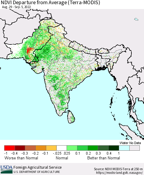 Southern Asia NDVI Departure from Average (Terra-MODIS) Thematic Map For 9/1/2022 - 9/10/2022