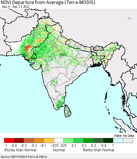Southern Asia NDVI Departure from Average (Terra-MODIS) Thematic Map For 9/6/2022 - 9/13/2022