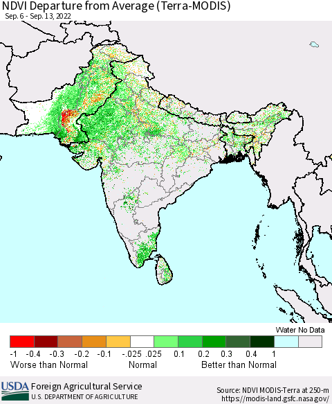 Southern Asia NDVI Departure from Average (Terra-MODIS) Thematic Map For 9/11/2022 - 9/20/2022