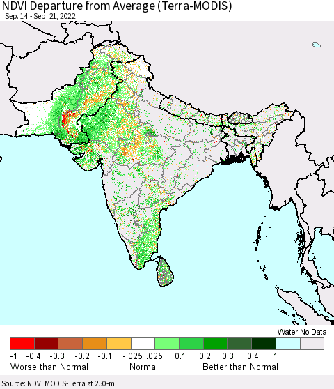 Southern Asia NDVI Departure from Average (Terra-MODIS) Thematic Map For 9/14/2022 - 9/21/2022