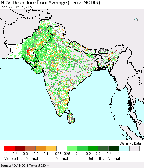 Southern Asia NDVI Departure from Average (Terra-MODIS) Thematic Map For 9/22/2022 - 9/29/2022
