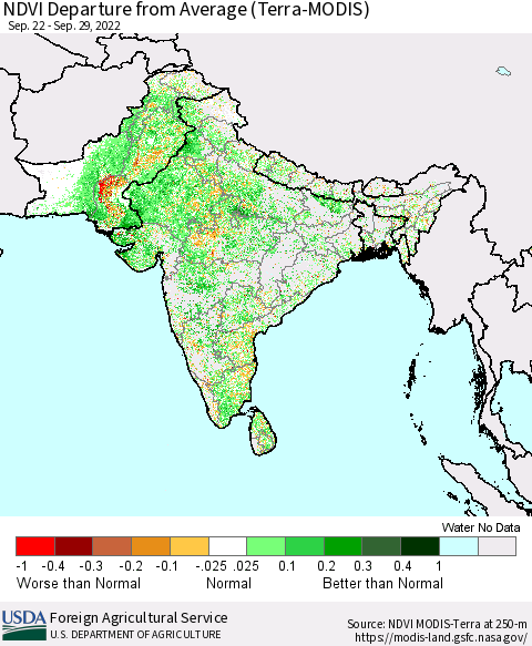 Southern Asia NDVI Departure from Average (Terra-MODIS) Thematic Map For 9/21/2022 - 9/30/2022