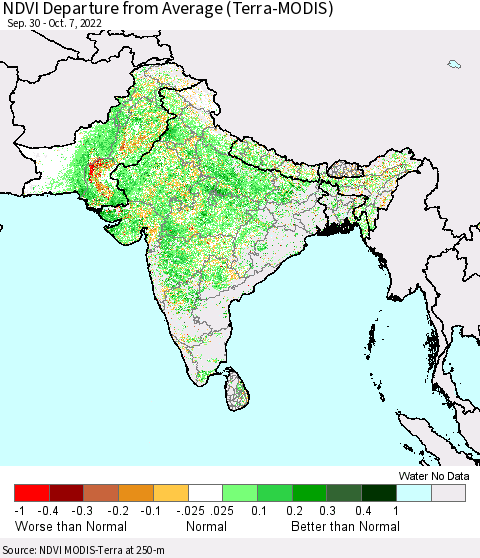 Southern Asia NDVI Departure from Average (Terra-MODIS) Thematic Map For 9/30/2022 - 10/7/2022