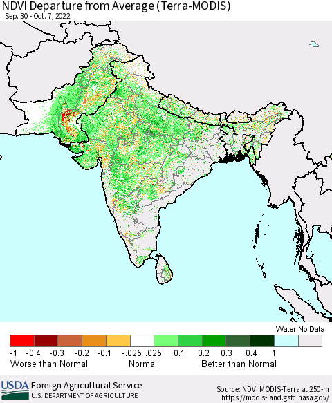 Southern Asia NDVI Departure from Average (Terra-MODIS) Thematic Map For 10/1/2022 - 10/10/2022