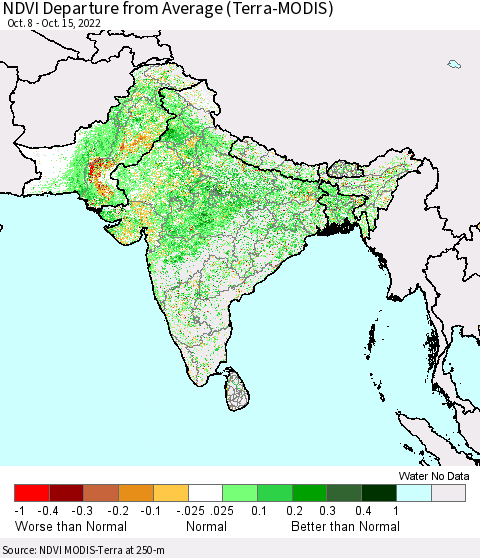 Southern Asia NDVI Departure from Average (Terra-MODIS) Thematic Map For 10/8/2022 - 10/15/2022