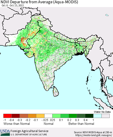 Southern Asia NDVI Departure from Average (Terra-MODIS) Thematic Map For 10/11/2022 - 10/20/2022