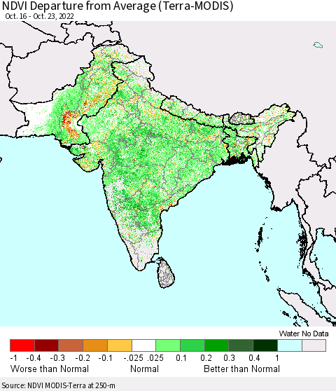 Southern Asia NDVI Departure from Average (Terra-MODIS) Thematic Map For 10/16/2022 - 10/23/2022