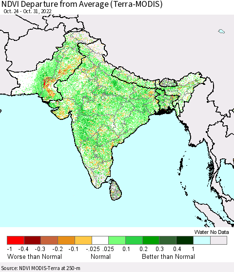 Southern Asia NDVI Departure from Average (Terra-MODIS) Thematic Map For 10/21/2022 - 10/31/2022
