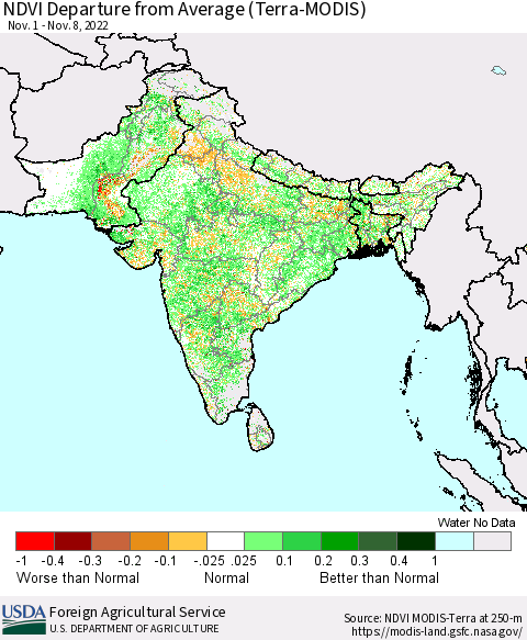 Southern Asia NDVI Departure from Average (Terra-MODIS) Thematic Map For 11/1/2022 - 11/10/2022