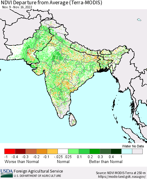 Southern Asia NDVI Departure from Average (Terra-MODIS) Thematic Map For 11/11/2022 - 11/20/2022