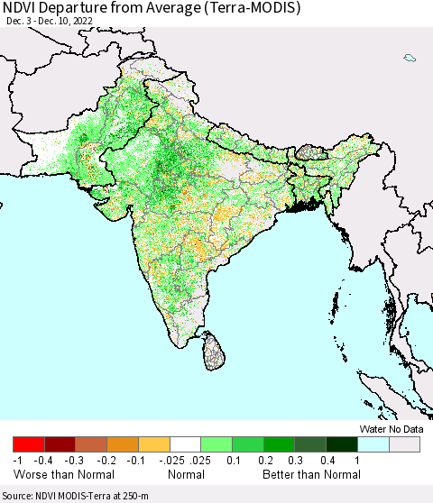 Southern Asia NDVI Departure from Average (Terra-MODIS) Thematic Map For 12/3/2022 - 12/10/2022