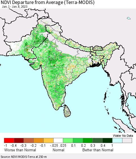 Southern Asia NDVI Departure from Average (Terra-MODIS) Thematic Map For 1/1/2023 - 1/8/2023