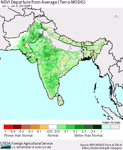 Southern Asia NDVI Departure from Average (Terra-MODIS) Thematic Map For 1/1/2023 - 1/10/2023