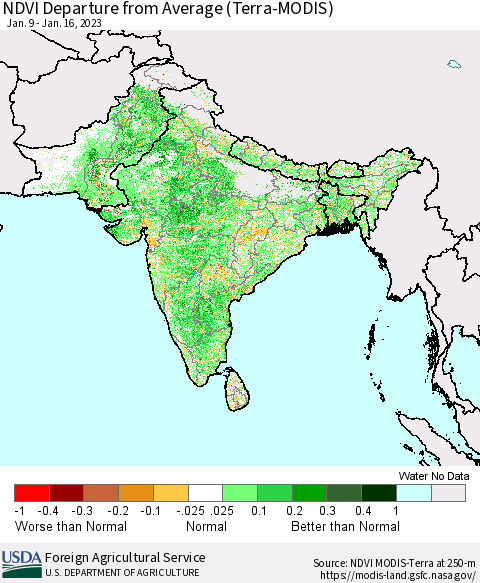 Southern Asia NDVI Departure from Average (Terra-MODIS) Thematic Map For 1/11/2023 - 1/20/2023