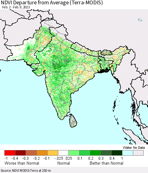 Southern Asia NDVI Departure from Average (Terra-MODIS) Thematic Map For 2/2/2023 - 2/9/2023