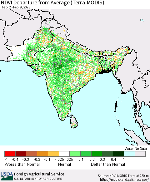 Southern Asia NDVI Departure from Average (Terra-MODIS) Thematic Map For 2/1/2023 - 2/10/2023