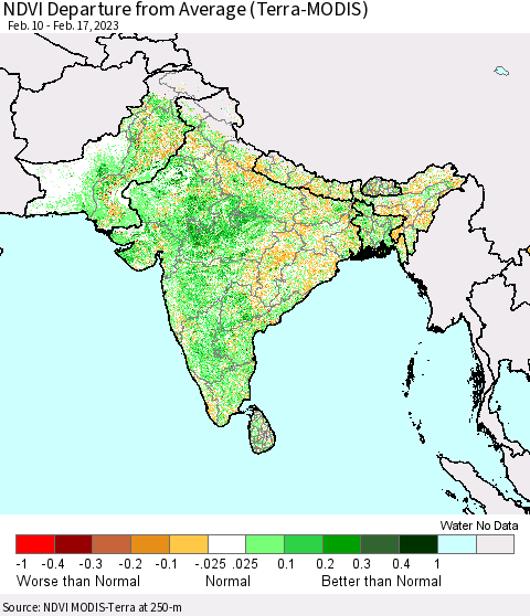 Southern Asia NDVI Departure from Average (Terra-MODIS) Thematic Map For 2/10/2023 - 2/17/2023
