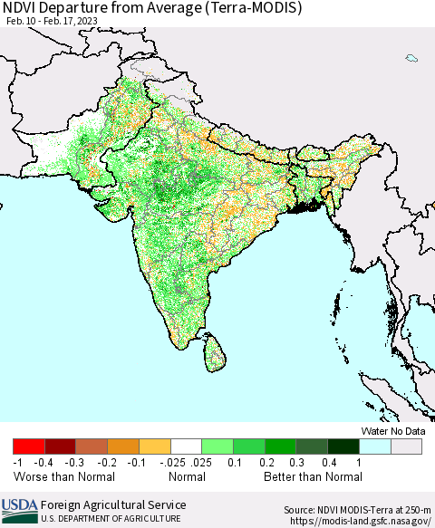 Southern Asia NDVI Departure from Average (Terra-MODIS) Thematic Map For 2/11/2023 - 2/20/2023