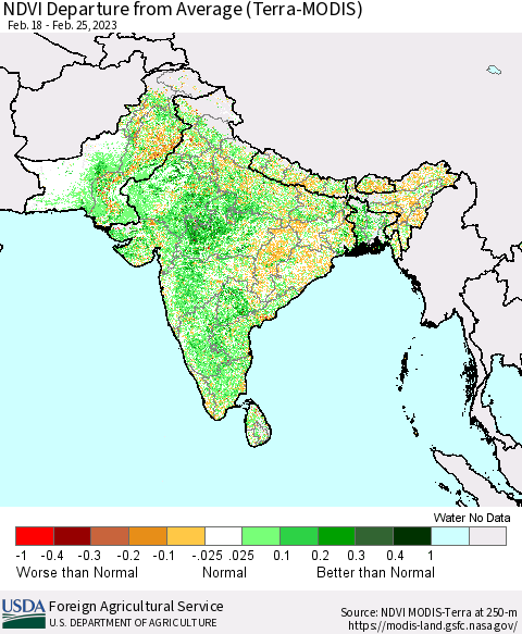 Southern Asia NDVI Departure from Average (Terra-MODIS) Thematic Map For 2/21/2023 - 2/28/2023