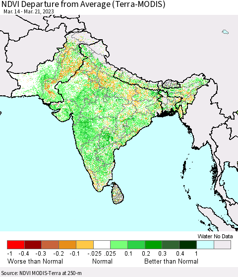 Southern Asia NDVI Departure from Average (Terra-MODIS) Thematic Map For 3/14/2023 - 3/21/2023