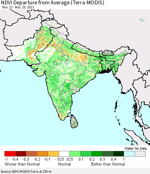 Southern Asia NDVI Departure from Average (Terra-MODIS) Thematic Map For 3/22/2023 - 3/29/2023