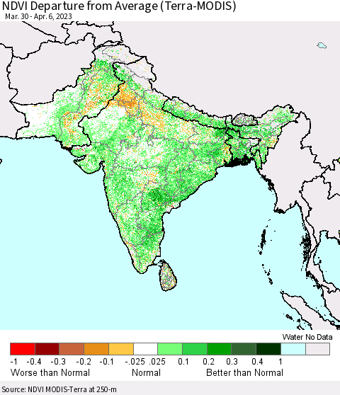 Southern Asia NDVI Departure from Average (Terra-MODIS) Thematic Map For 3/30/2023 - 4/6/2023