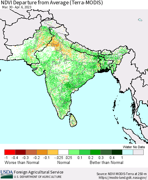 Southern Asia NDVI Departure from Average (Terra-MODIS) Thematic Map For 4/1/2023 - 4/10/2023