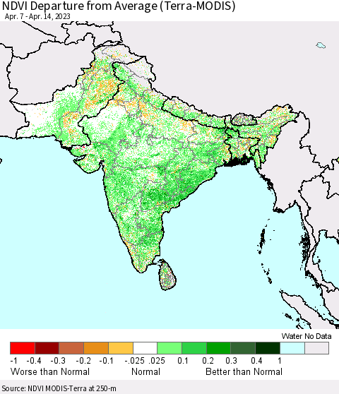 Southern Asia NDVI Departure from Average (Terra-MODIS) Thematic Map For 4/7/2023 - 4/14/2023